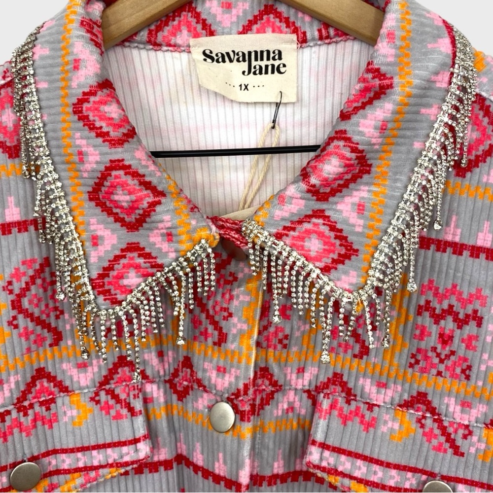 Savannah Jane Pink Orange Grey Southwest Print Rhinestone Trim Jacket NWT XL - Picture 4 of 10